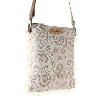 Trending  Loom Tapestry Upcycled Canvas Crossbody  Sage  Fringe Detail