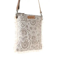 Trending  Loom Tapestry Upcycled Canvas Crossbody  Sage  Fringe Detail