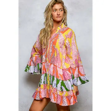 V Neck Ruffle Hem Bead Printed Woven Dress