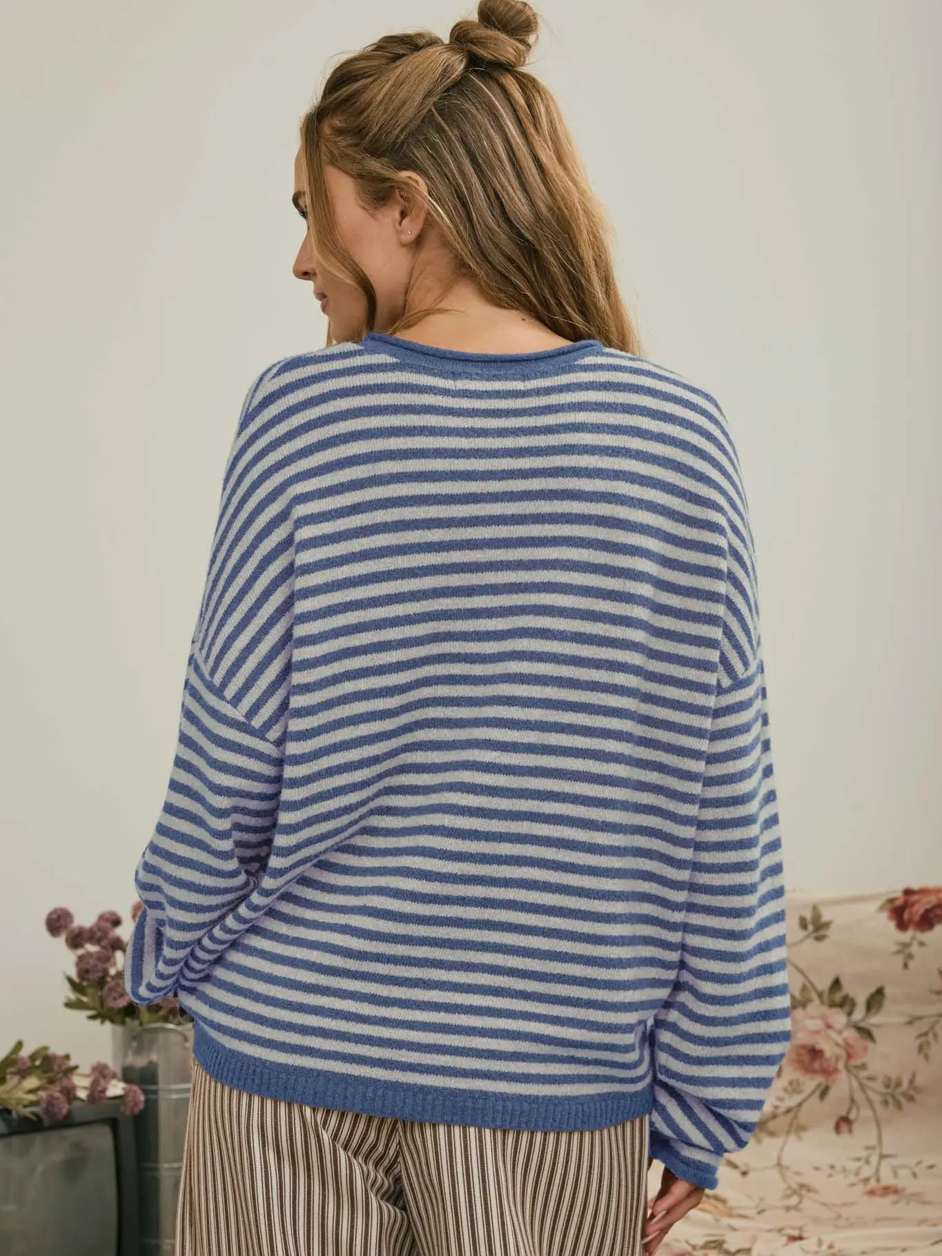 Button Henley Stripe Drop Shoulder Sweater