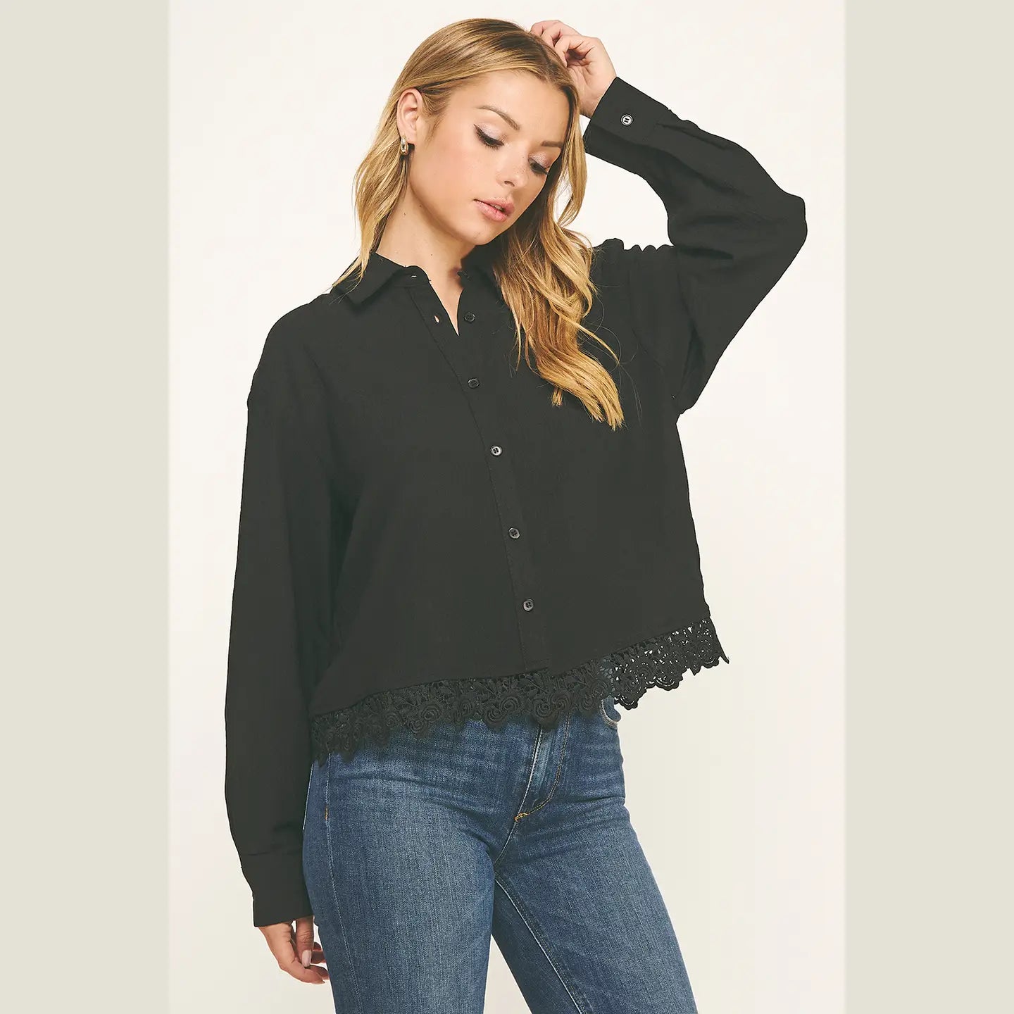 Classic Charm Lace Hem Long Sleeve Shirt