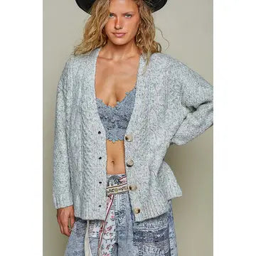 Cable Knit Relaxed Fit V Neck Button Cardigan