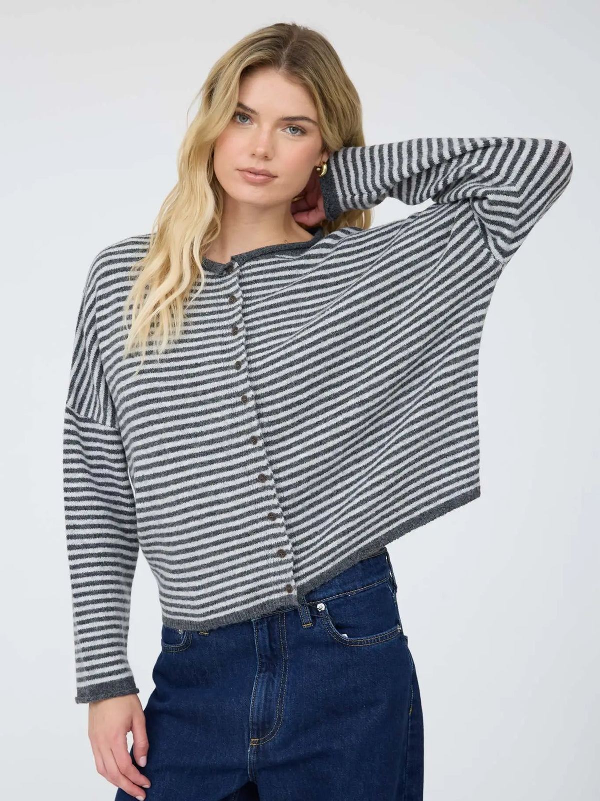 Striped Raw Edge Drop Shoulder Knit Cardigan