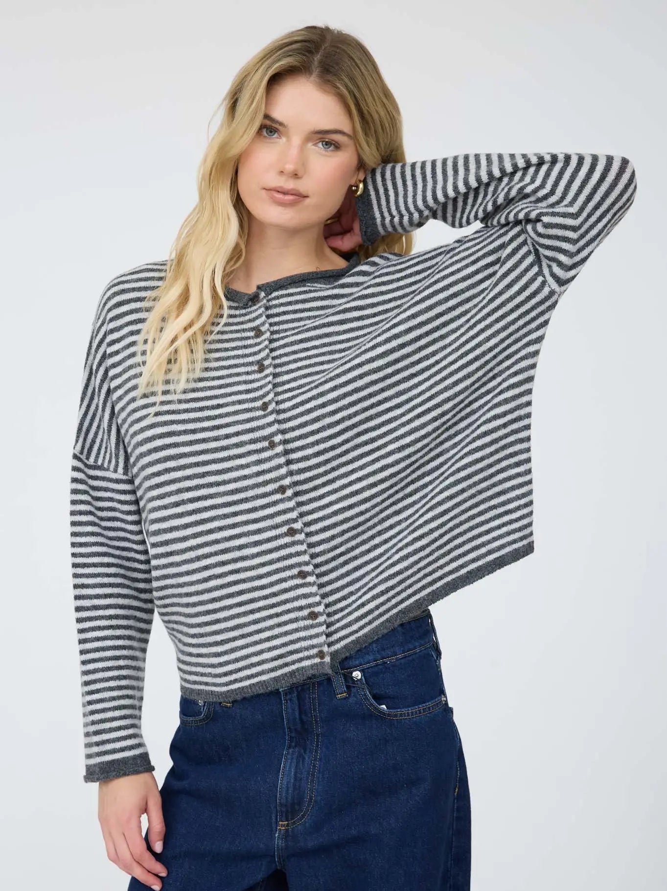 Striped Raw Edge Drop Shoulder Knit Cardigan