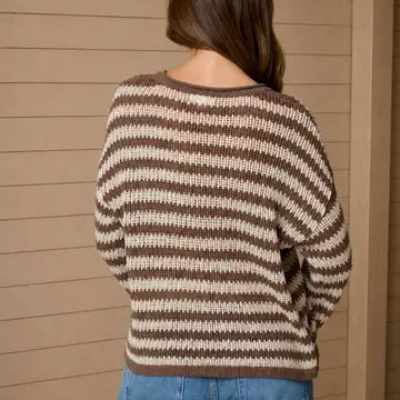 Stripe Raw Edge Split Neck Sheer Knit Sweater