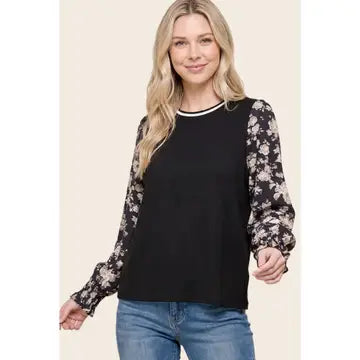 Midnight Bloom Floral-Sleeve Top