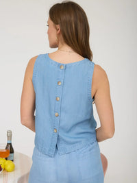 Back Button Sleeveless Chambray Top - Chandeliers Boutique ny
