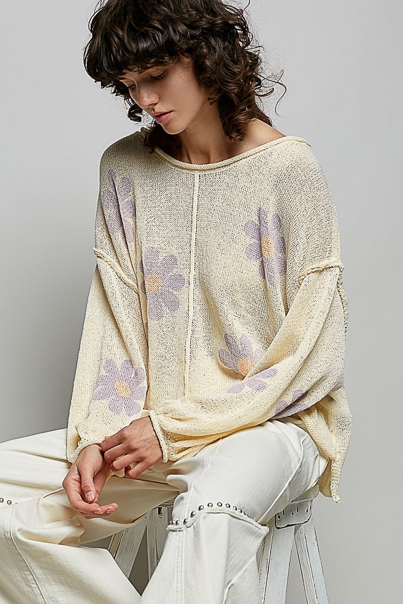 Balloon Sleeve Floral Print Thin Sweater - Chandeliers Boutique ny