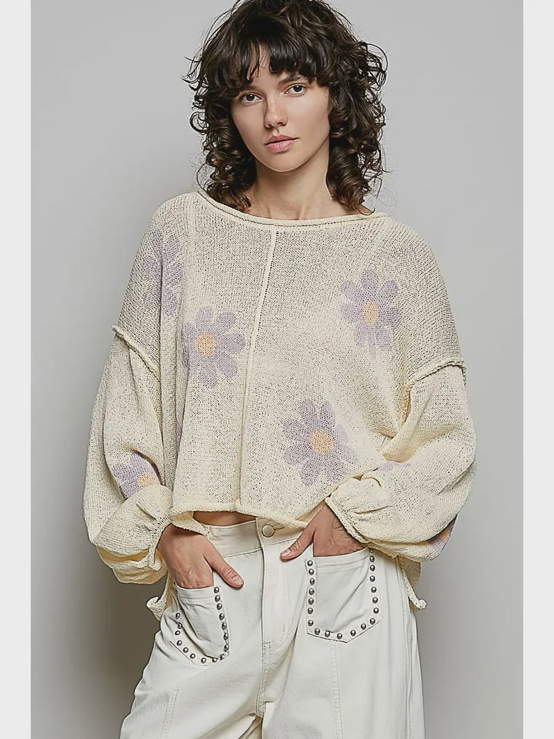 Balloon Sleeve Floral Print Thin Sweater - Chandeliers Boutique ny