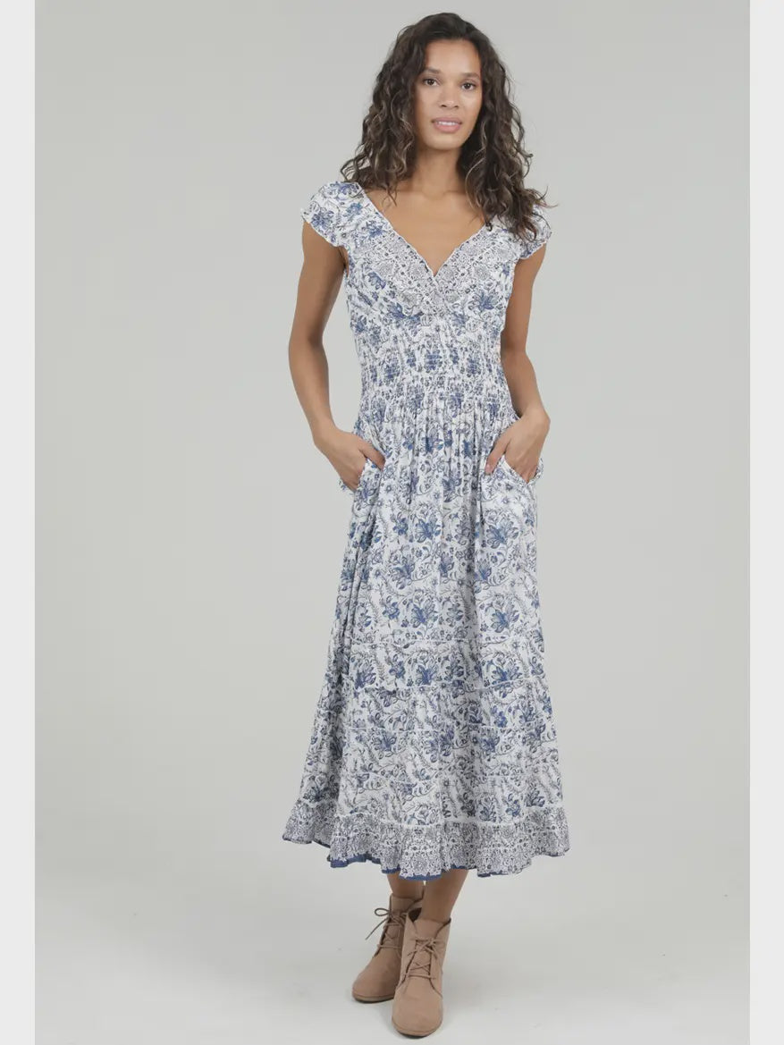 V Neck Smocked Waist Printed Maxi Dress
