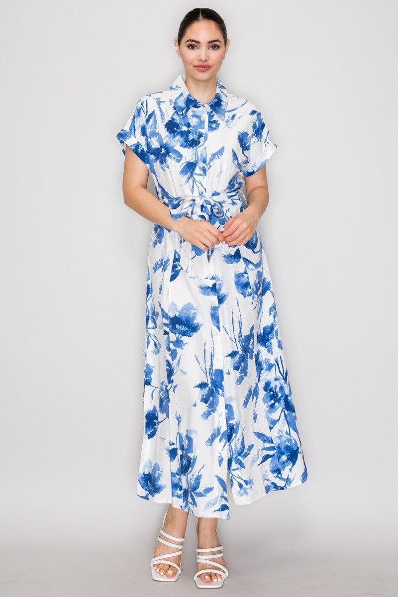 Belted Cuff Sleeves Floral Dress - Chandeliers Boutique ny