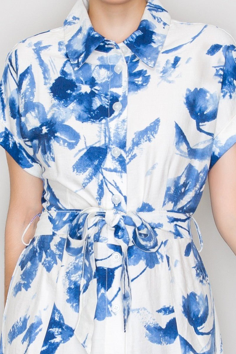 Belted Cuff Sleeves Floral Dress - Chandeliers Boutique ny