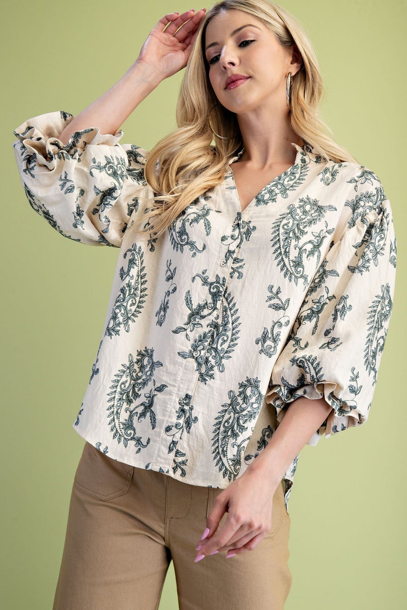 Blouse With 3/4 Length Balloon Sleeves - Chandeliers Boutique ny