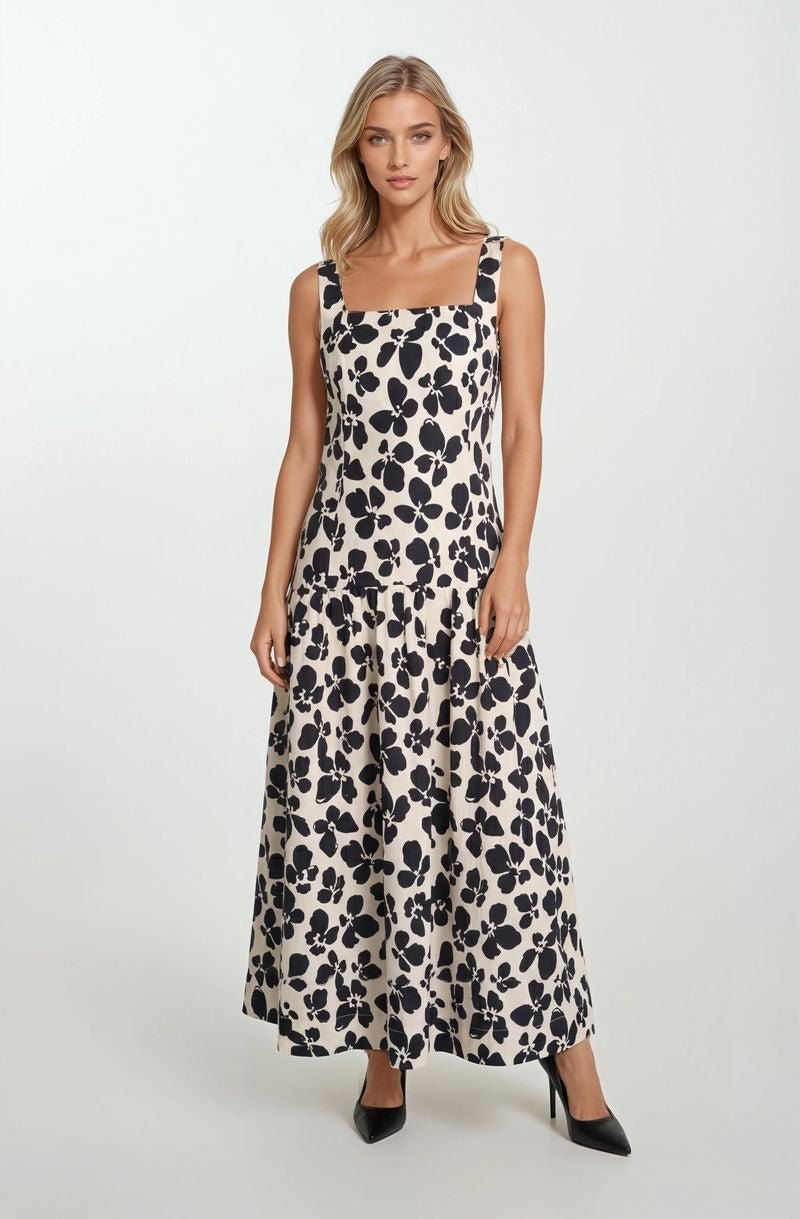 Bold Floral Maxi Drop Waist Dress - Chandeliers Boutique ny