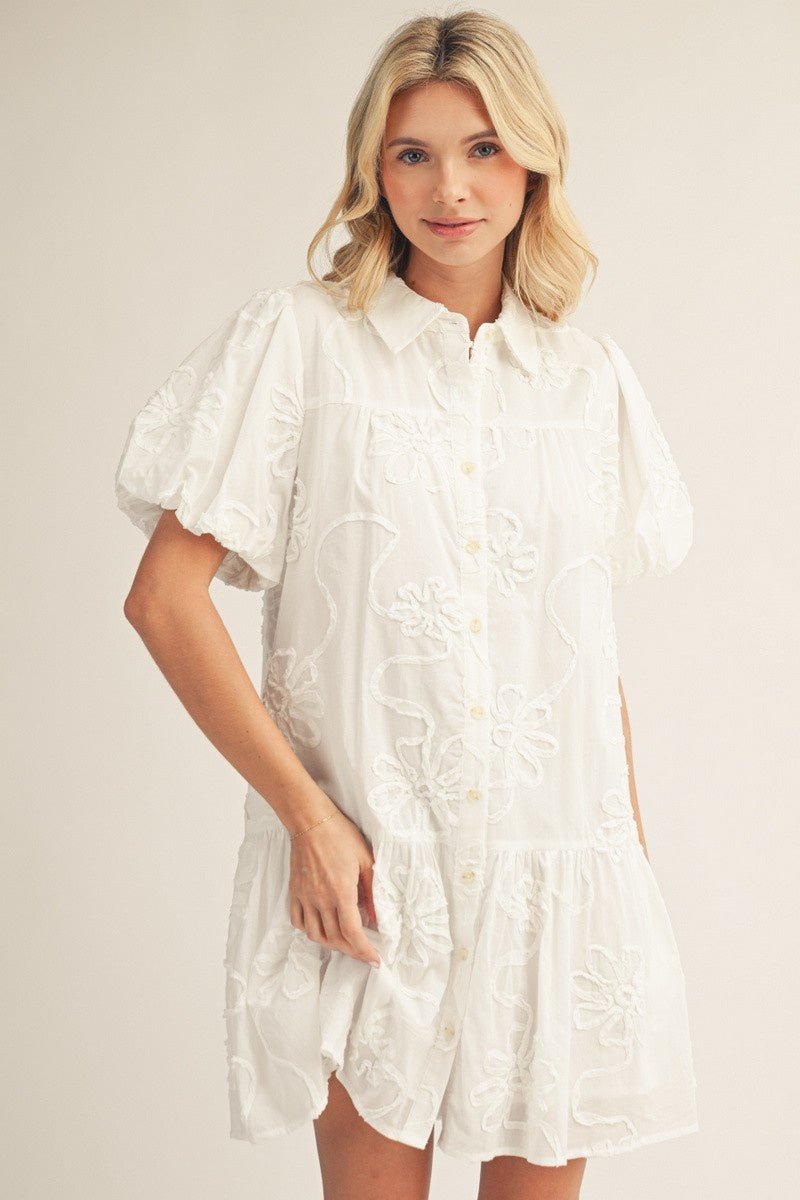 Button Down 3d Floral Pattern Dress - Chandeliers Boutique ny