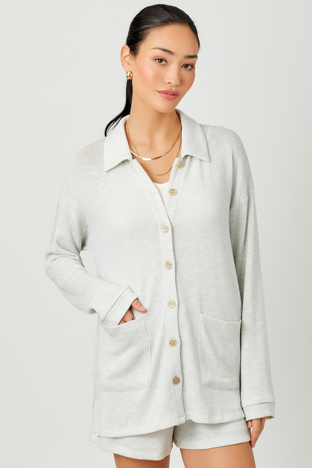 Button Down Shiny Midi Cardigan - Chandeliers Boutique ny