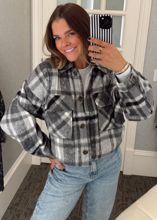 Button - Down Short Plaid Shacket - Chandeliers Boutique ny