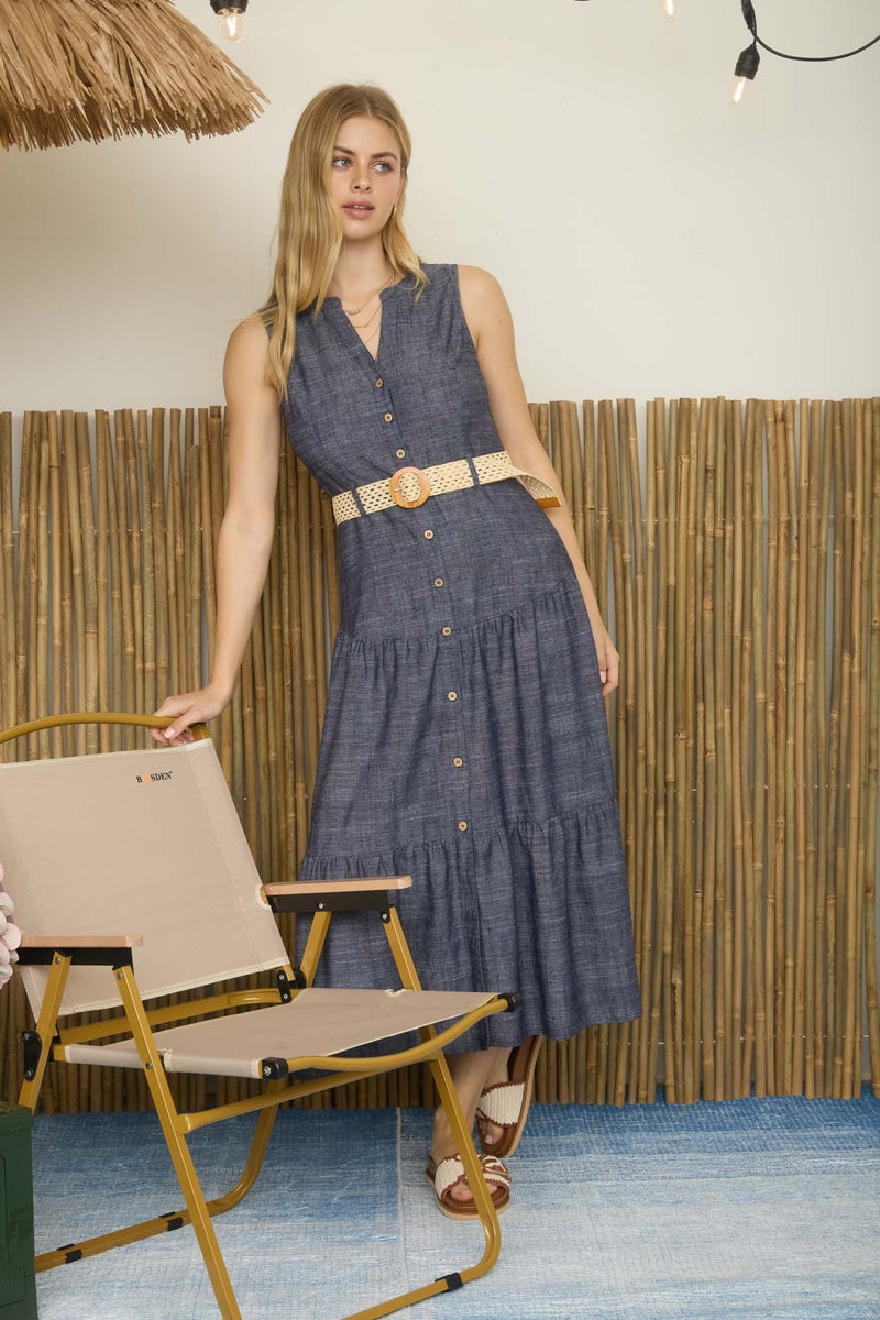 sleeveless belted midi dress Blue Sleeveless Belted A-Line Midi Dress