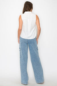 Button - down Sleeveless Linen Top - Chandeliers Boutique ny