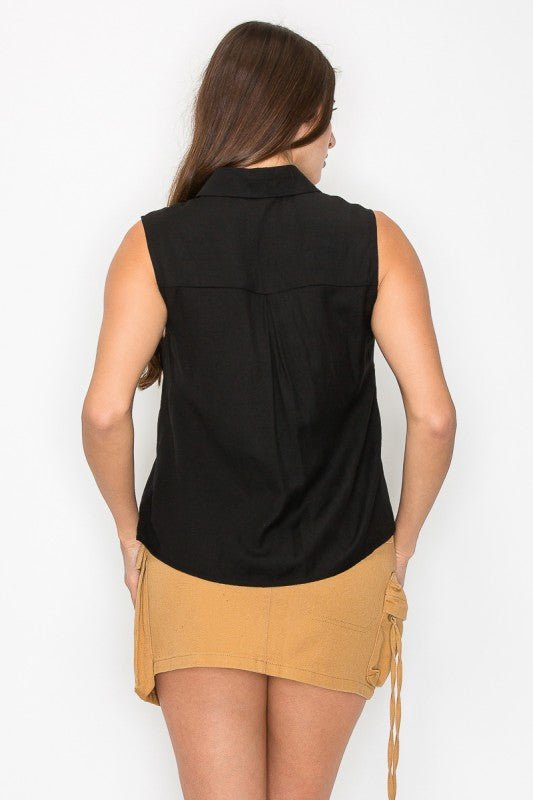 Button - down Sleeveless Linen Top - Chandeliers Boutique ny
