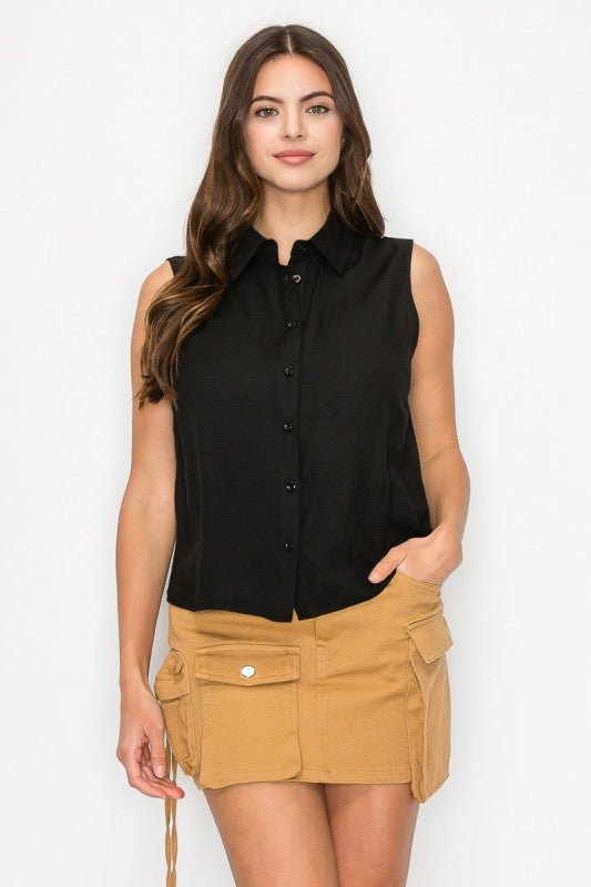 Button - down Sleeveless Linen Top - Chandeliers Boutique ny