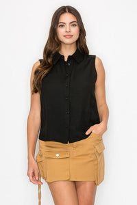 Button - down Sleeveless Linen Top - Chandeliers Boutique ny