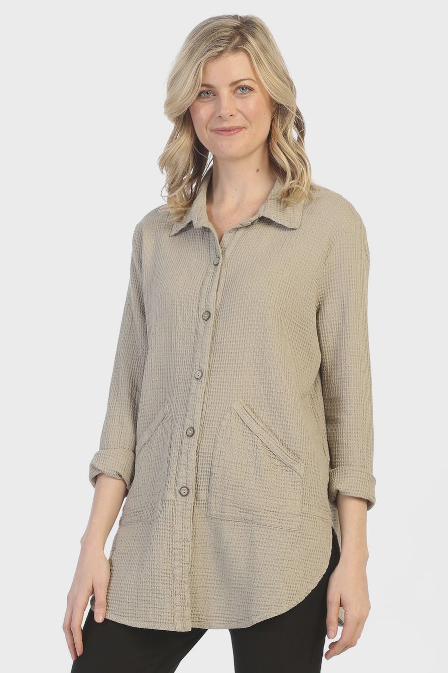 Button Front Long Mini Waffle Shirt - Chandeliers Boutique ny