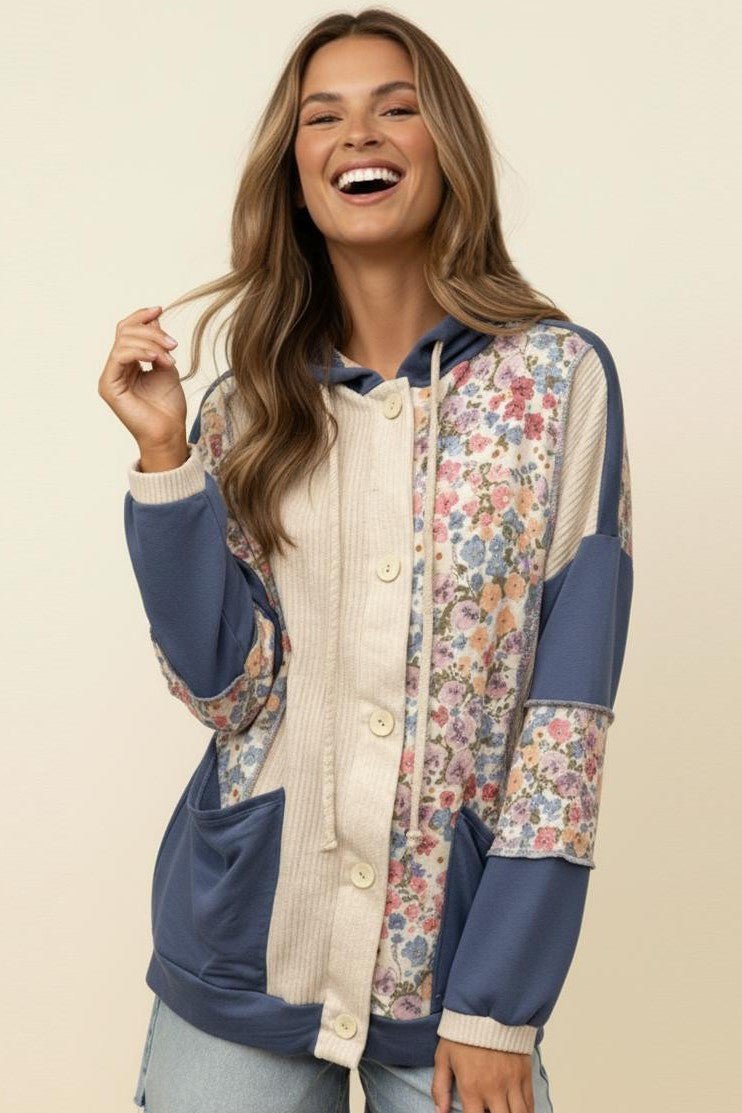 Button Rib Floral Colorblock Hoodie Jacket - Chandeliers Boutique ny