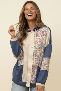 Button Rib Floral Colorblock Hoodie Jacket - Chandeliers Boutique ny