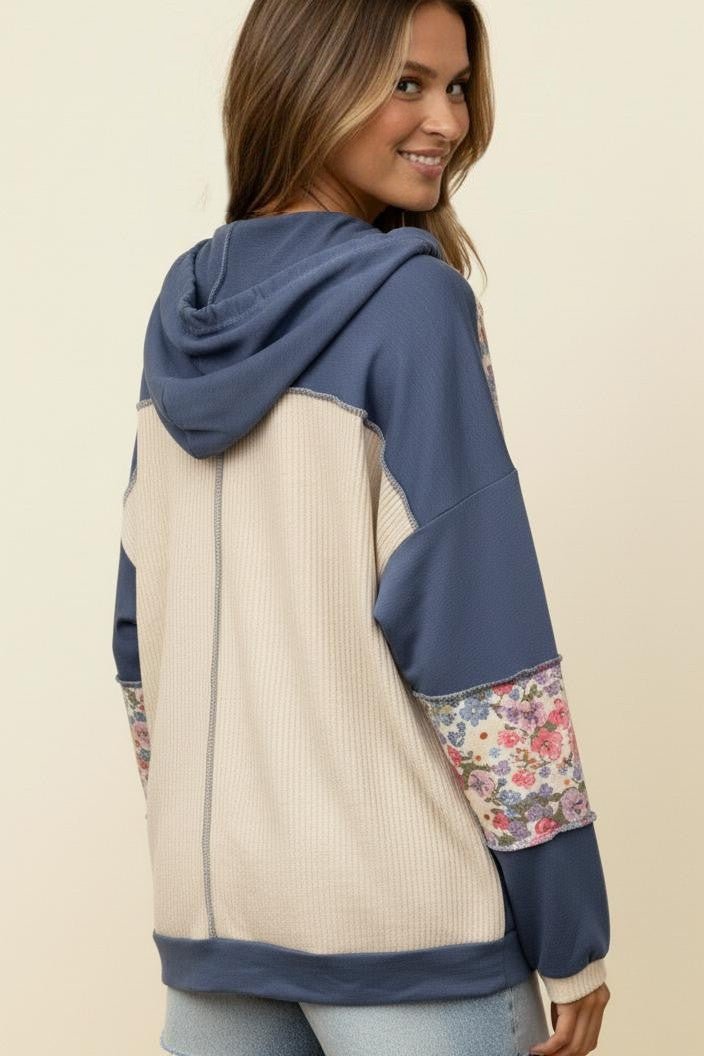 Button Rib Floral Colorblock Hoodie Jacket - Chandeliers Boutique ny
