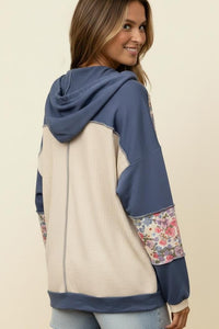 Button Rib Floral Colorblock Hoodie Jacket - Chandeliers Boutique ny