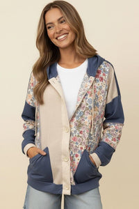 Button Rib Floral Colorblock Hoodie Jacket - Chandeliers Boutique ny