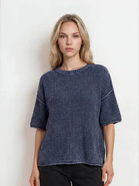 Washed Crew Neck Raw Edge Short Sleeve Sweater