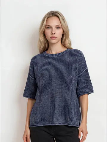 Washed Crew Neck Raw Edge Short Sleeve Sweater