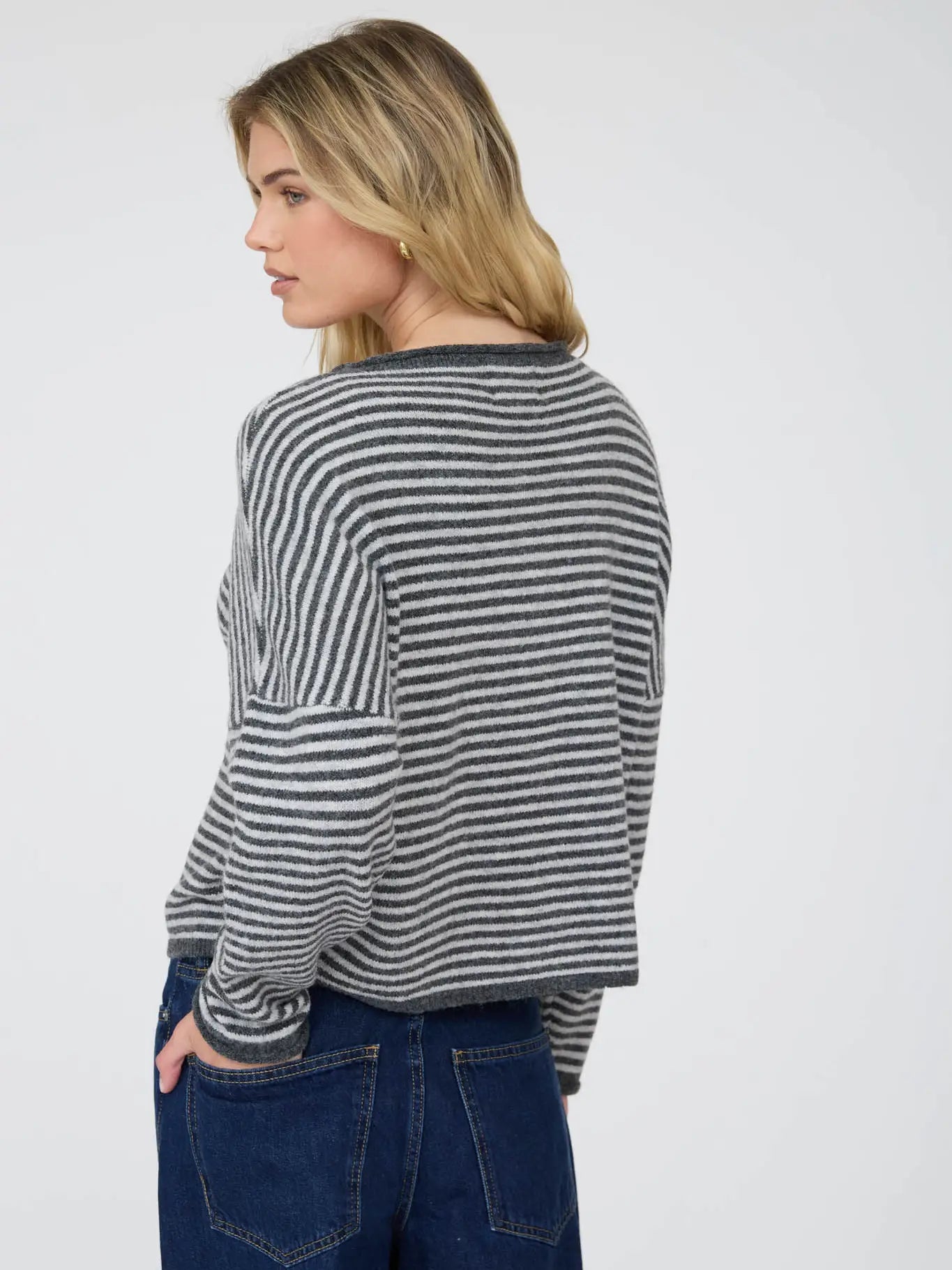 Striped Raw Edge Drop Shoulder Knit Cardigan