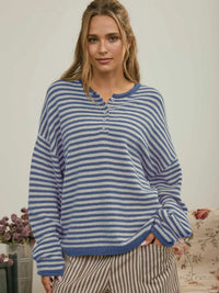 Button Henley Stripe Drop Shoulder Sweater