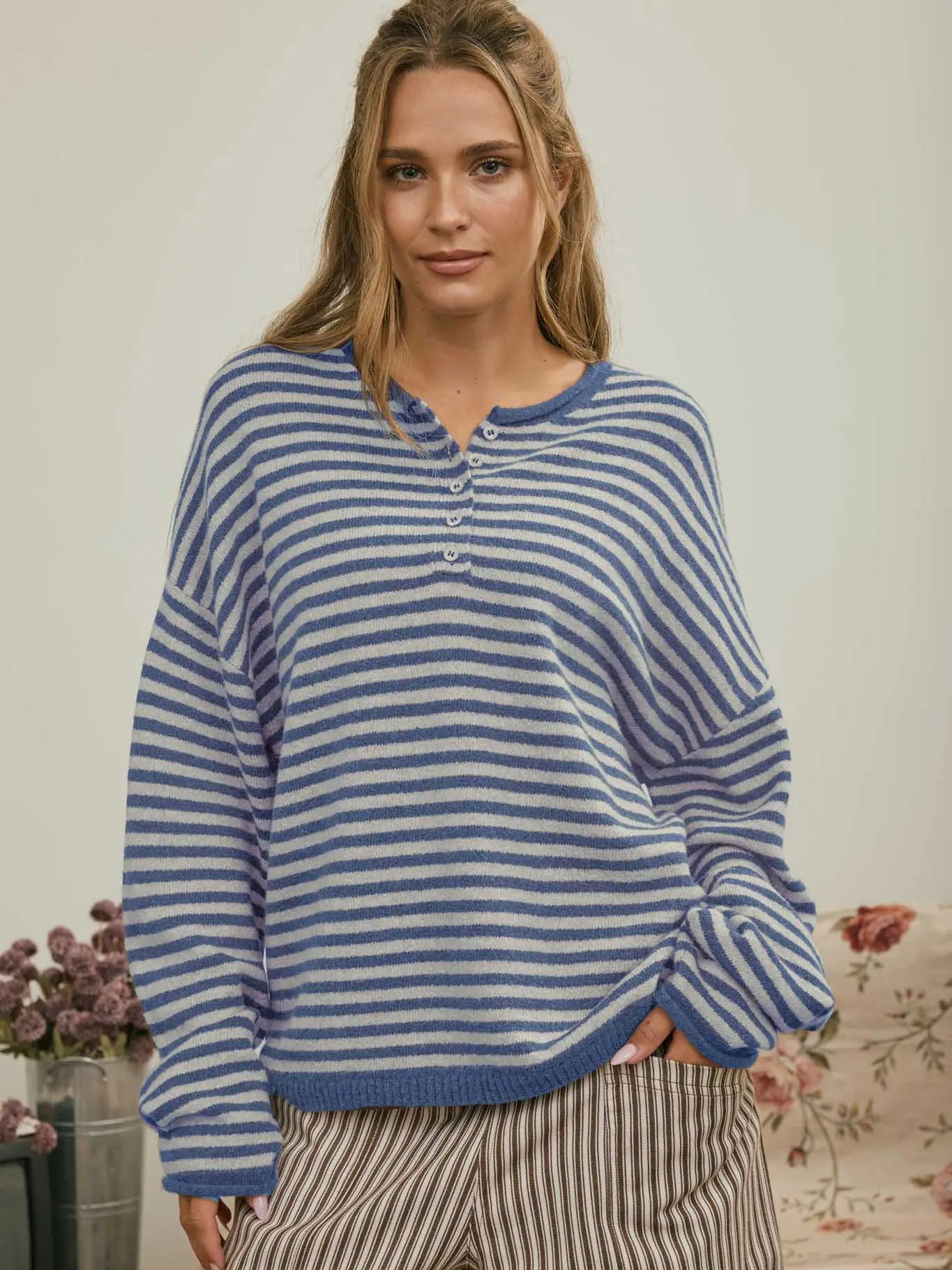 Button Henley Stripe Drop Shoulder Sweater