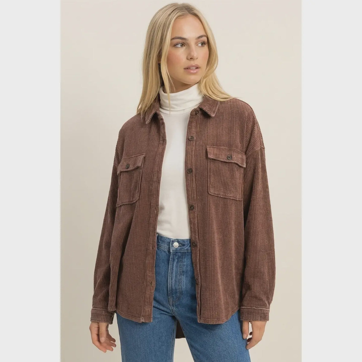 Mineral Wash Waffle Knit Button-Up Shacket