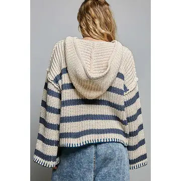 Hoodie V-Neck Striped Stitch Chenille Sweater