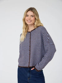 Striped Raw Edge Drop Shoulder Knit Cardigan