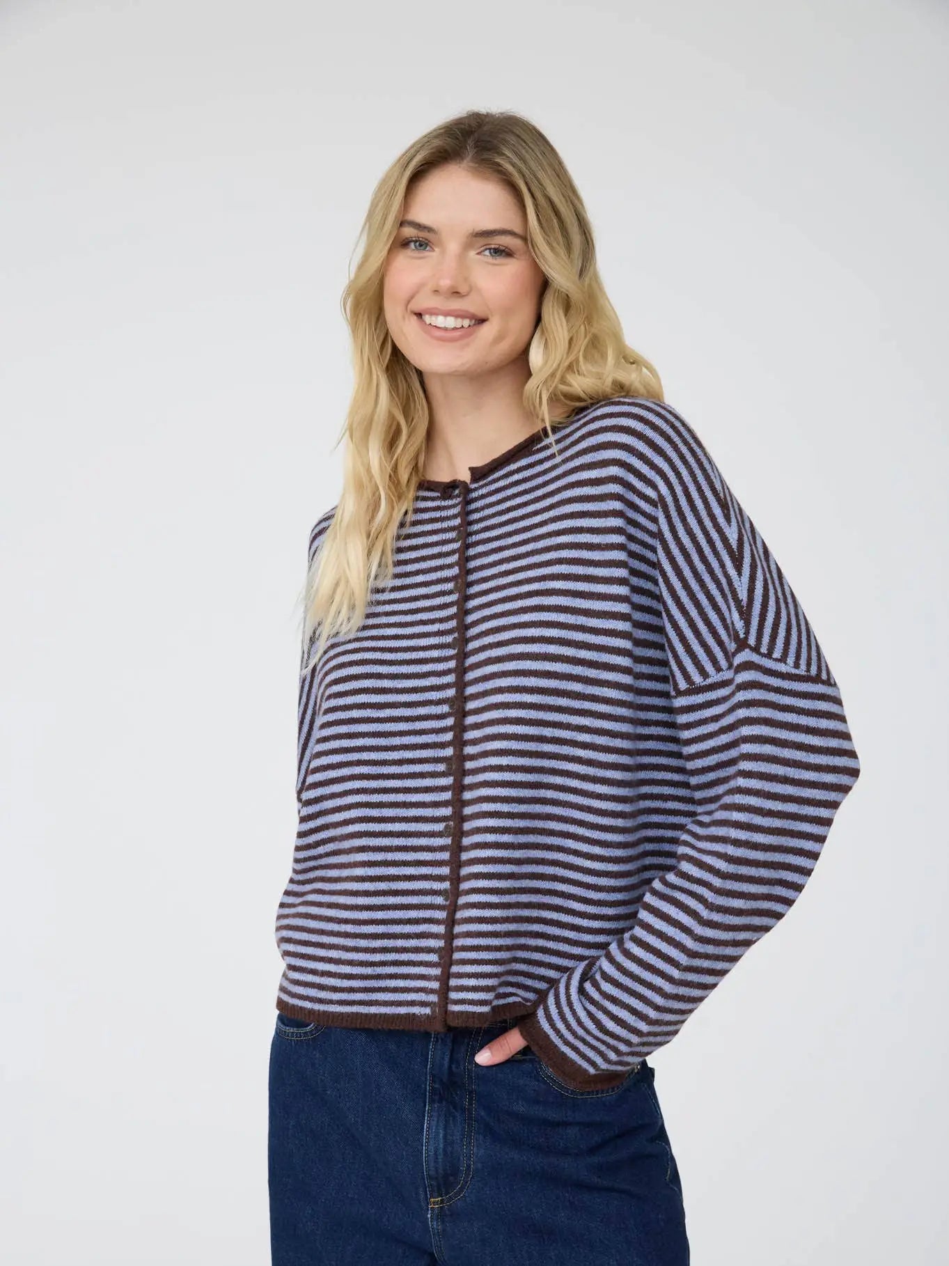 Striped Raw Edge Drop Shoulder Knit Cardigan