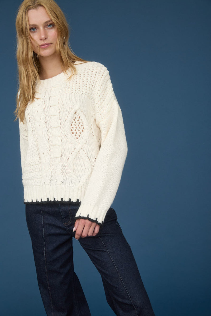 Cable Knit Contrast Stitch Detail Sweater - Chandeliers Boutique ny