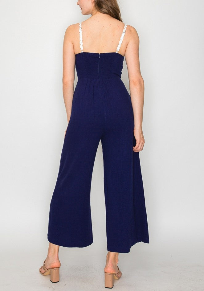 Lace Trim Back Smocked Jumpsuit