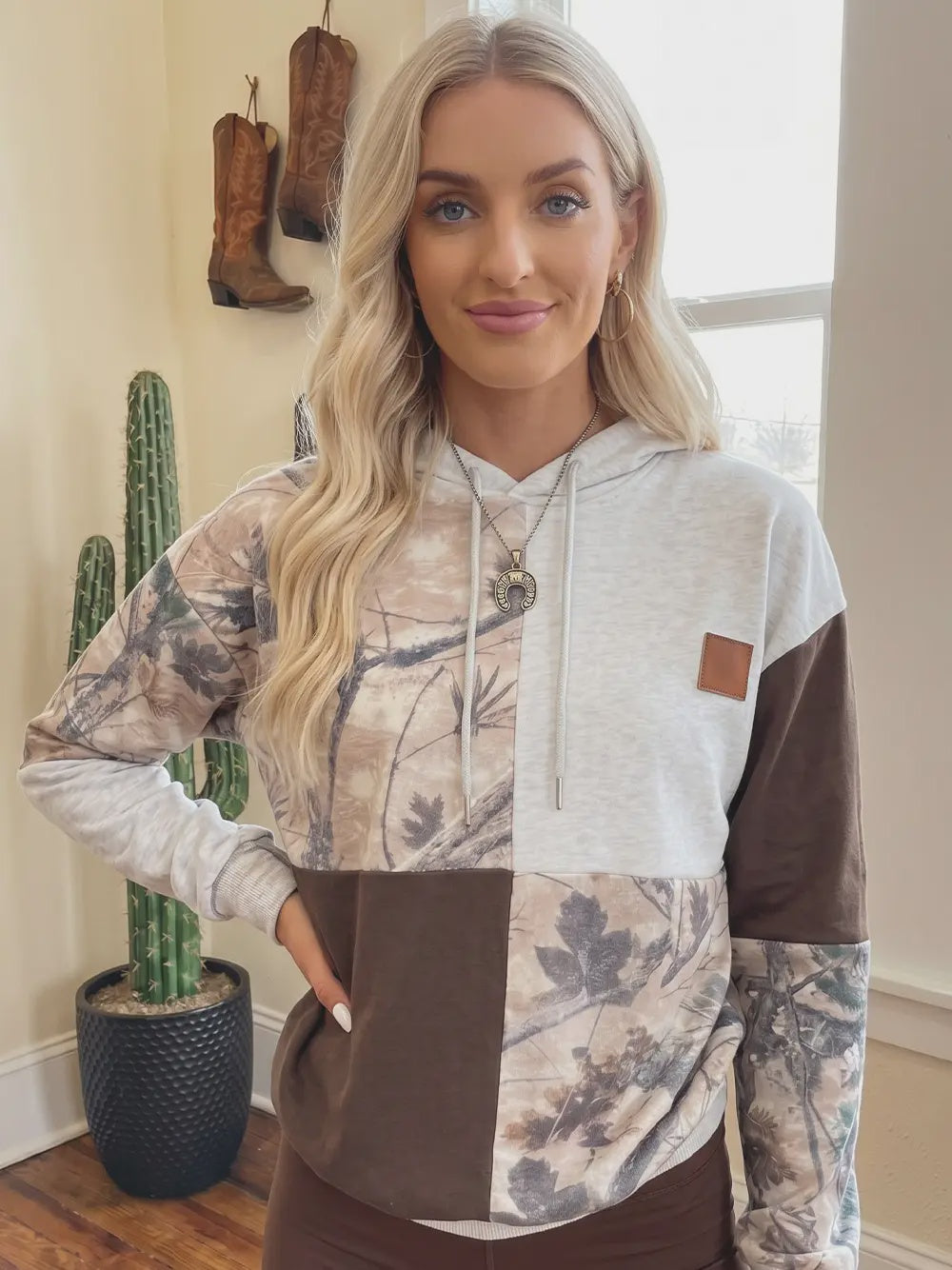 Camouflage Patchwork Mock Neck Hoodie