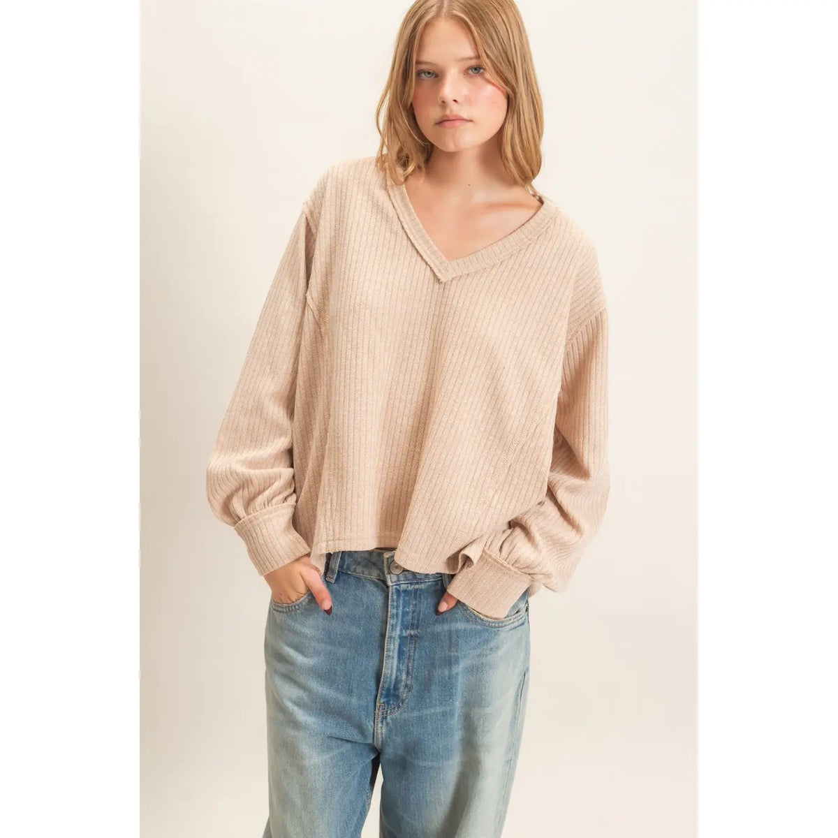 Ribbed V-Neck Knit Top