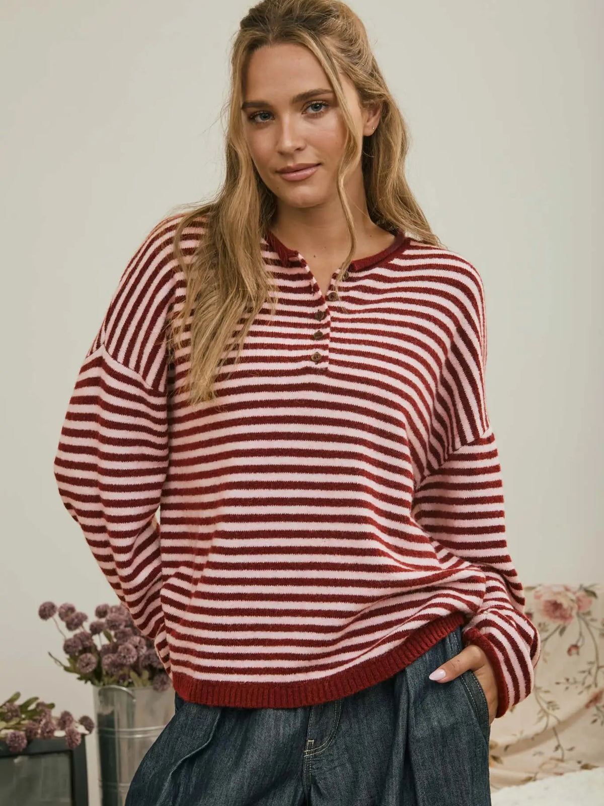 Button Henley Stripe Drop Shoulder Sweater