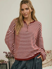 Button Henley Stripe Drop Shoulder Sweater