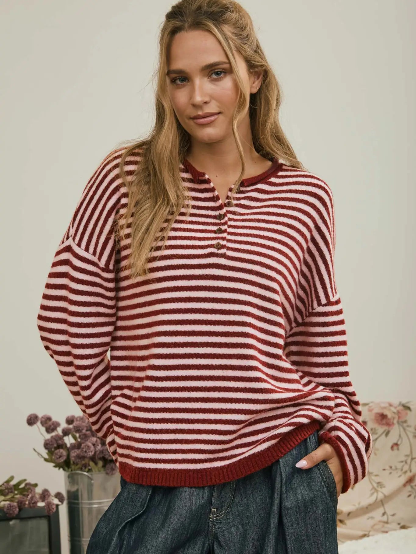 Button Henley Stripe Drop Shoulder Sweater