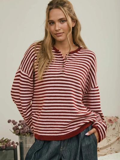 Button Henley Stripe Drop Shoulder Sweater