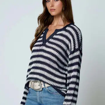 Stripe Raw Edge Split Neck Sheer Knit Sweater